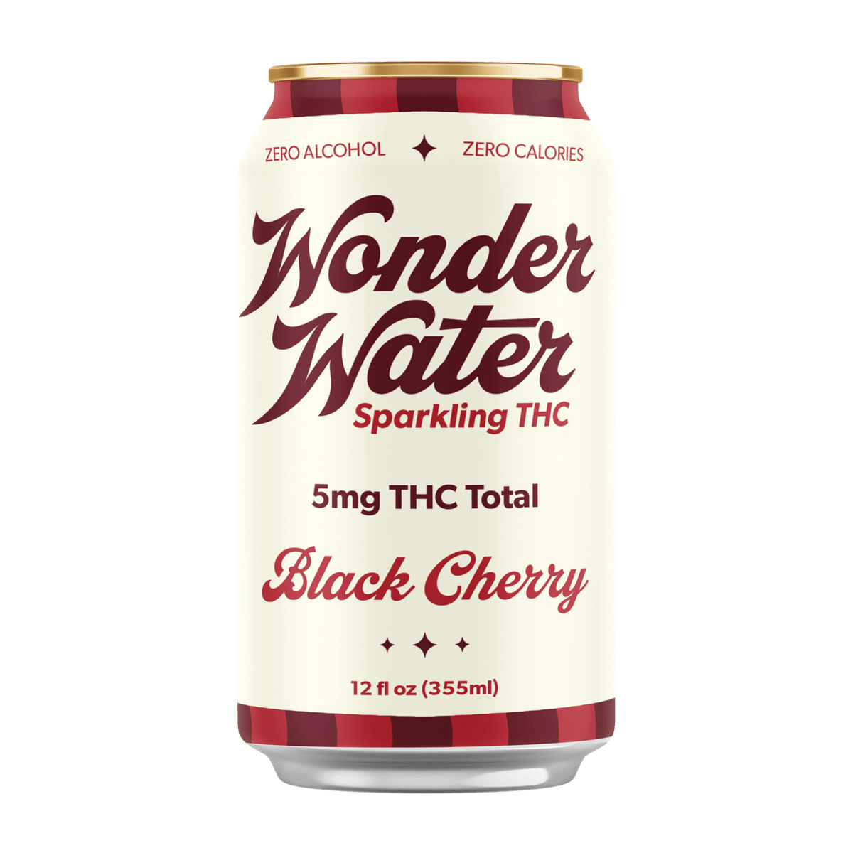 Can of Wonder Water Sparkling 5mg THC Black Cherry flavor on a white background
