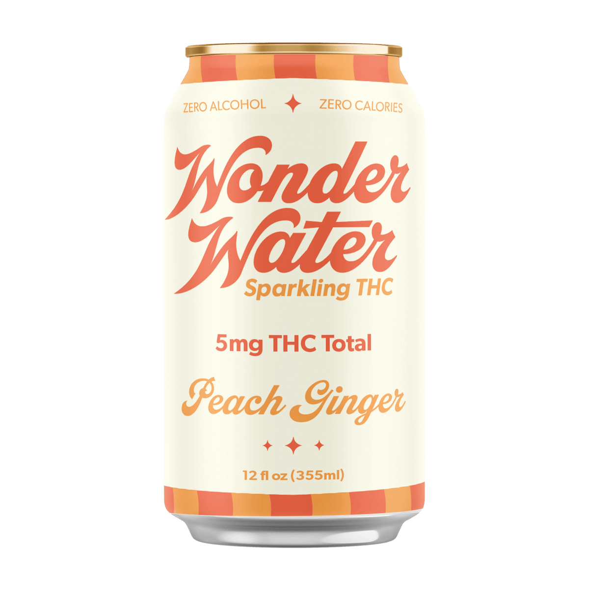 Can of Wonder Water Sparkling THC 5mg Peach Ginger on a white background