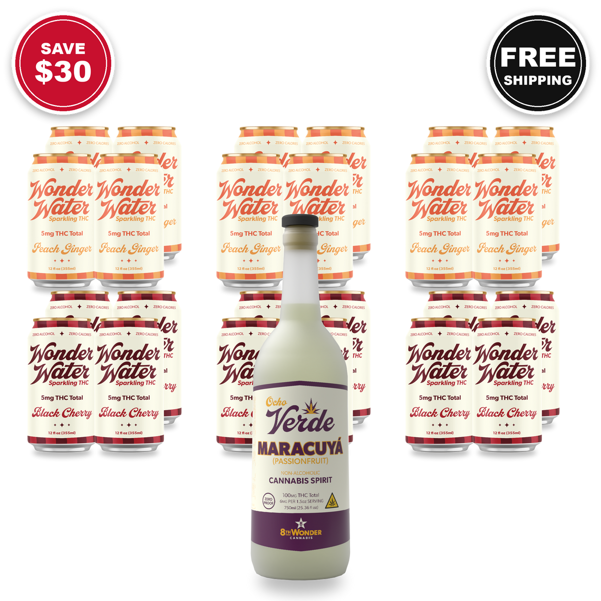 8th Wonder bundle: 24 Wonder Water 5mg cans (3 Peach Ginger and 3 Black Cherry 4-packs) plus an Ocho Verde Maracuya 750mL bottle, save $30, free shipping