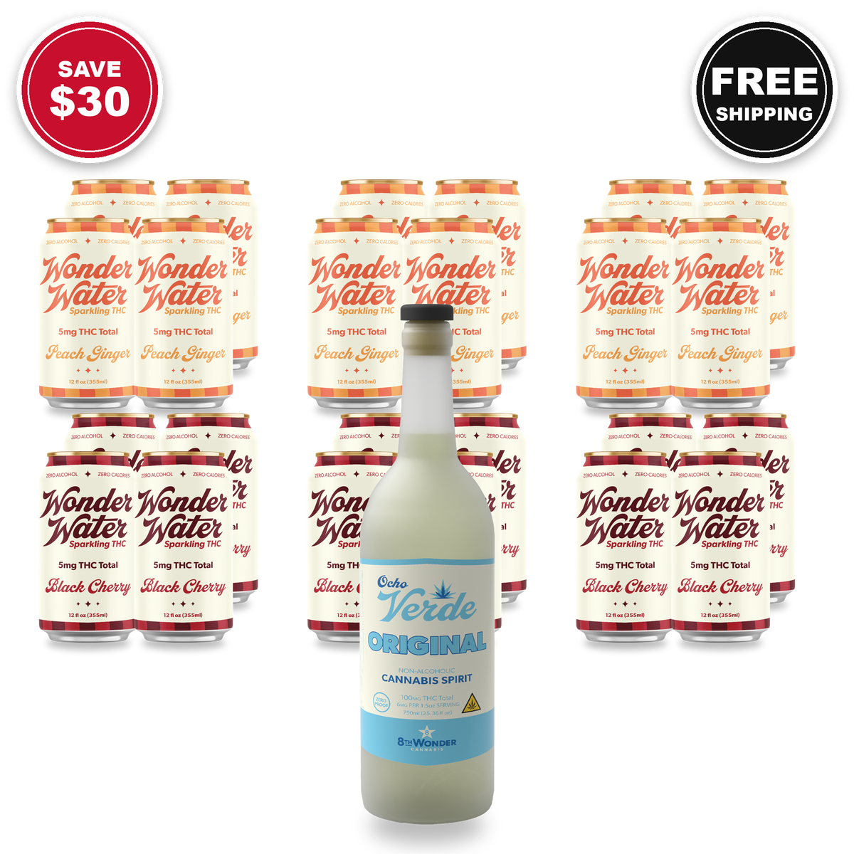 8th Wonder bundle: 24 Wonder Water 5mg cans (3 Peach Ginger and 3 Black Cherry 4-packs) plus an Ocho Verde Original 750mL bottle, save $30, free shipping