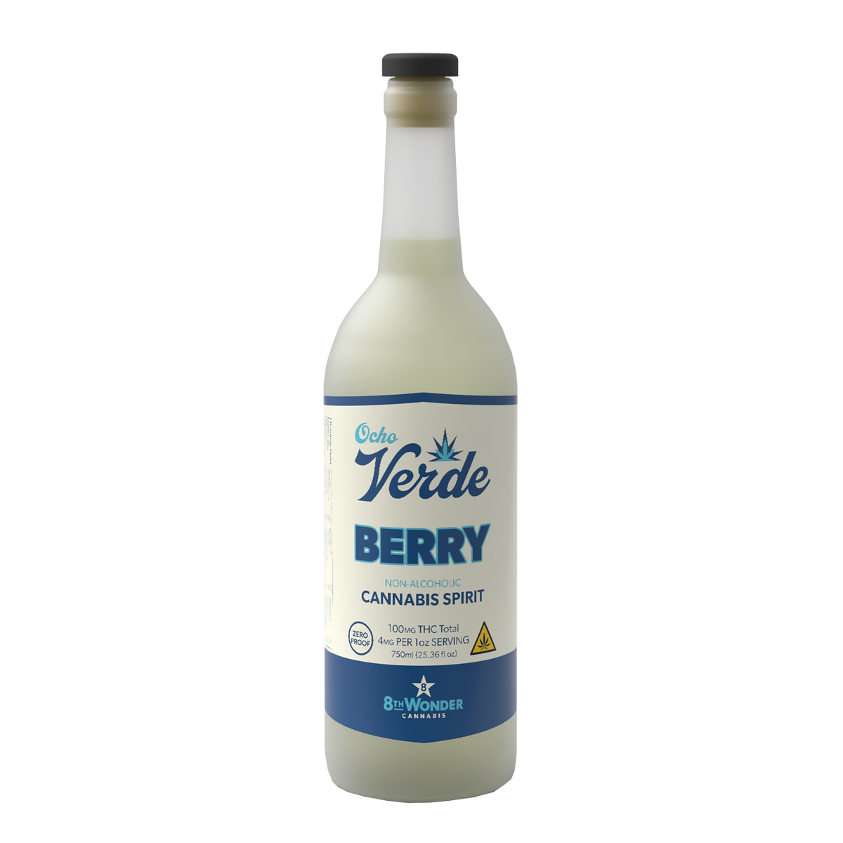 Bottle of Ocho Verde Berry cannabis spirit on a white background