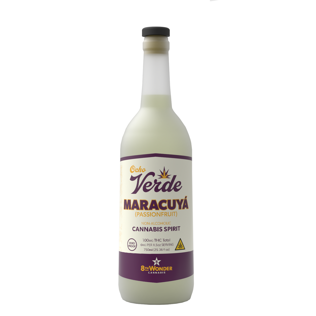 Bottle of Ocho Verde Maracuyá Cannabis Spirit on a white background