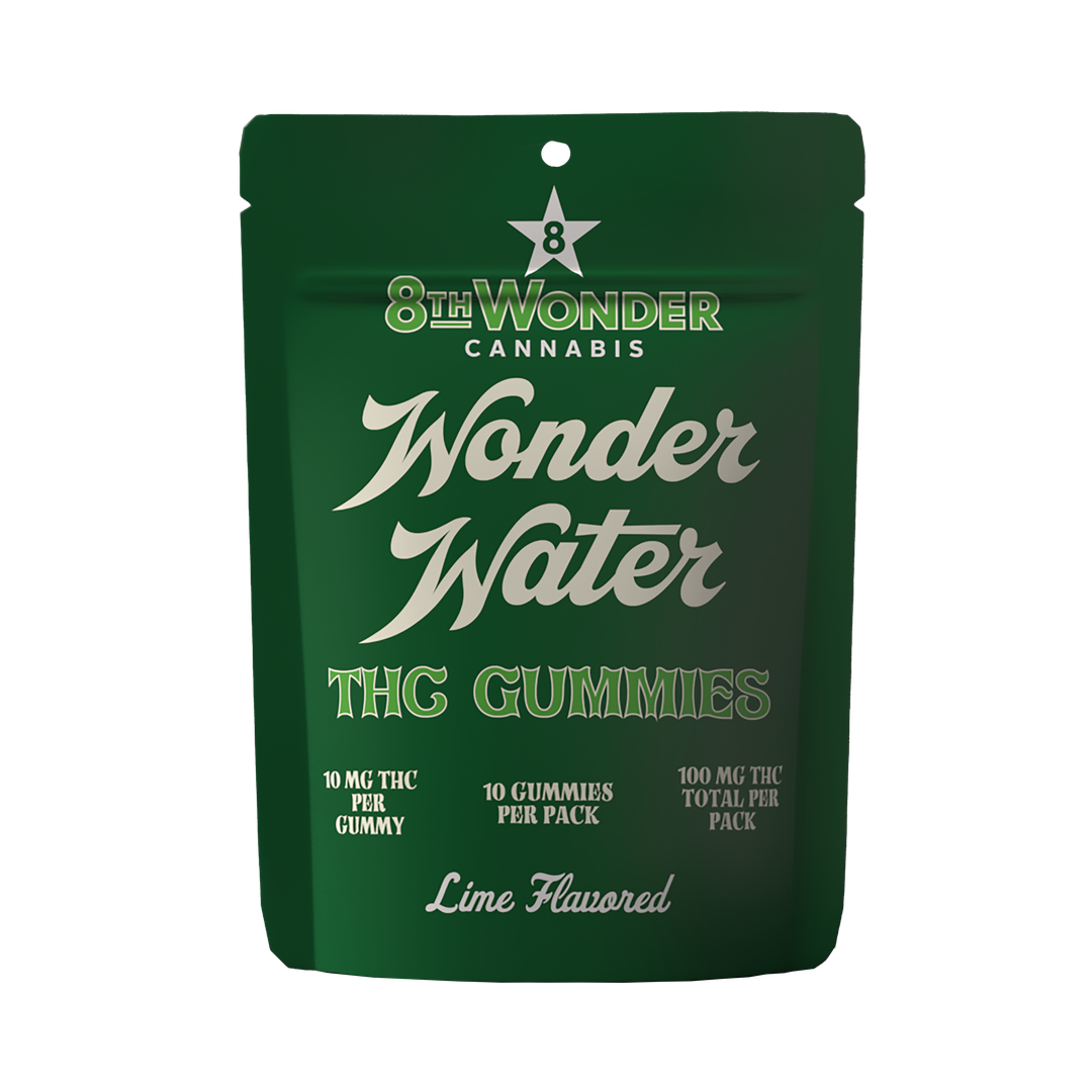 8th Wonder Cannabis Wonder Water THC Gummies, Lime flavored, 10 gummies per pack, 10mg THC per gummy, 100mg total - front of pouch
